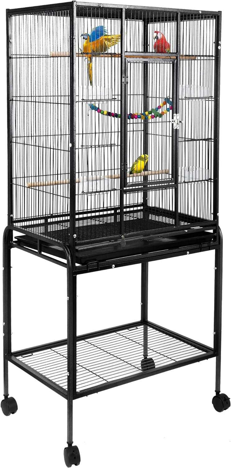 53-inch Bird Cage with Rolling Stand  Storage Shelf, Large Wrought Iron Parrot Cage for Cockatiel, Conure, Lovebird, Parakeets, Pet House with Bottom Tray Wire