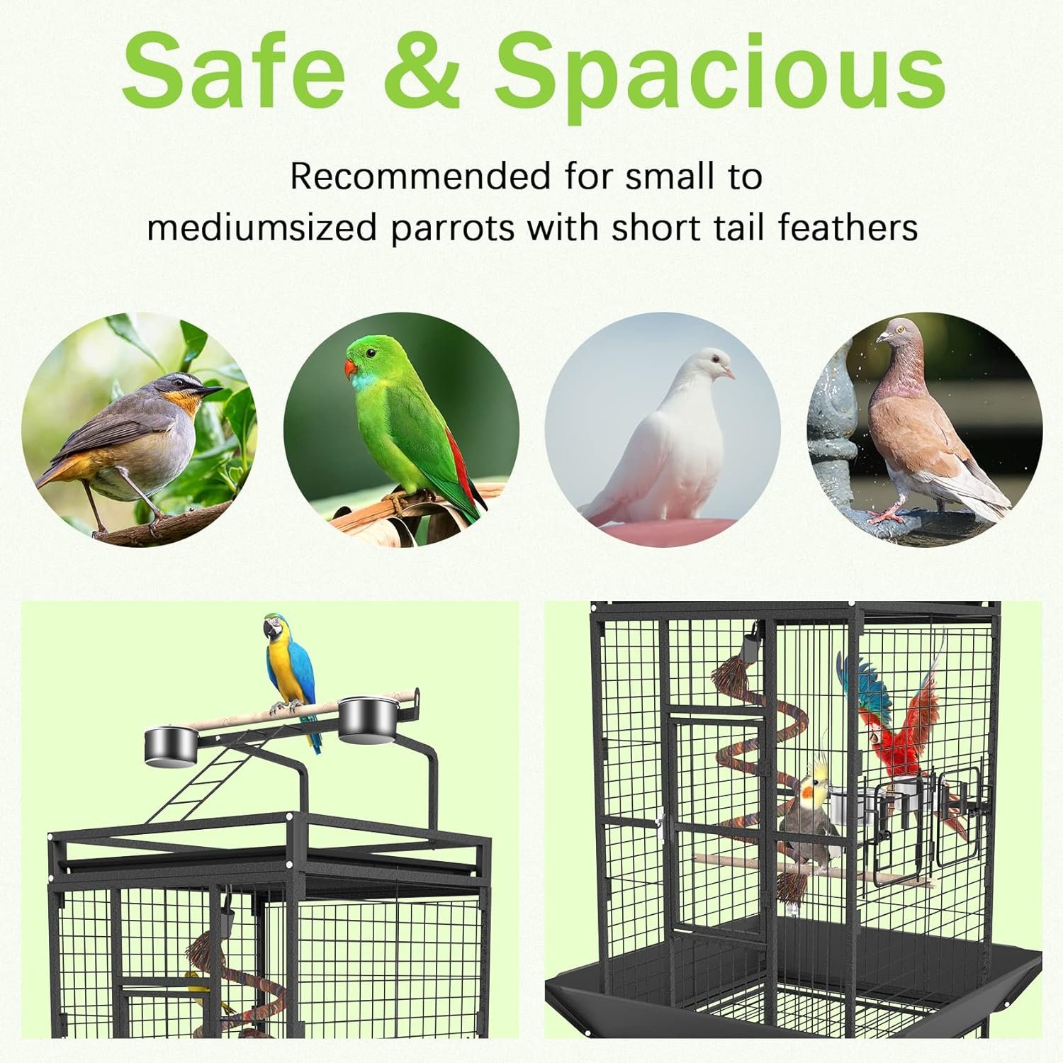 61 Bird Cage, Large Bird Flight Cages Aviary with Rolling Stand Bottom Tray, Wrought Iron Birdcage with PlayTop Rope Bungee Bird Toy for Parakeet, Parrot, Lovebirds, Pigeons, Cockatiels, Macaw