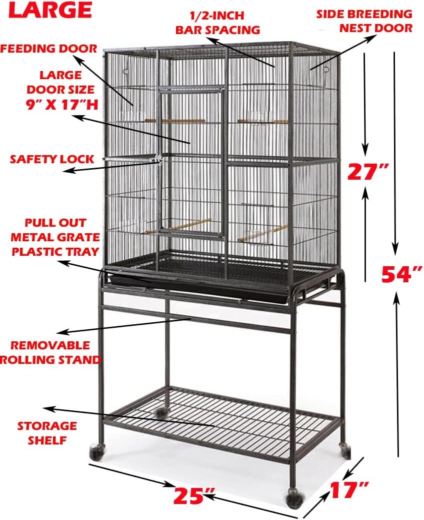 64 Extra Large Wrought Iron Breeding Flight Canary Parakeet Cockatiel Lovebird Finch Cage Side Nesting Doors with Removable Rolling Stand