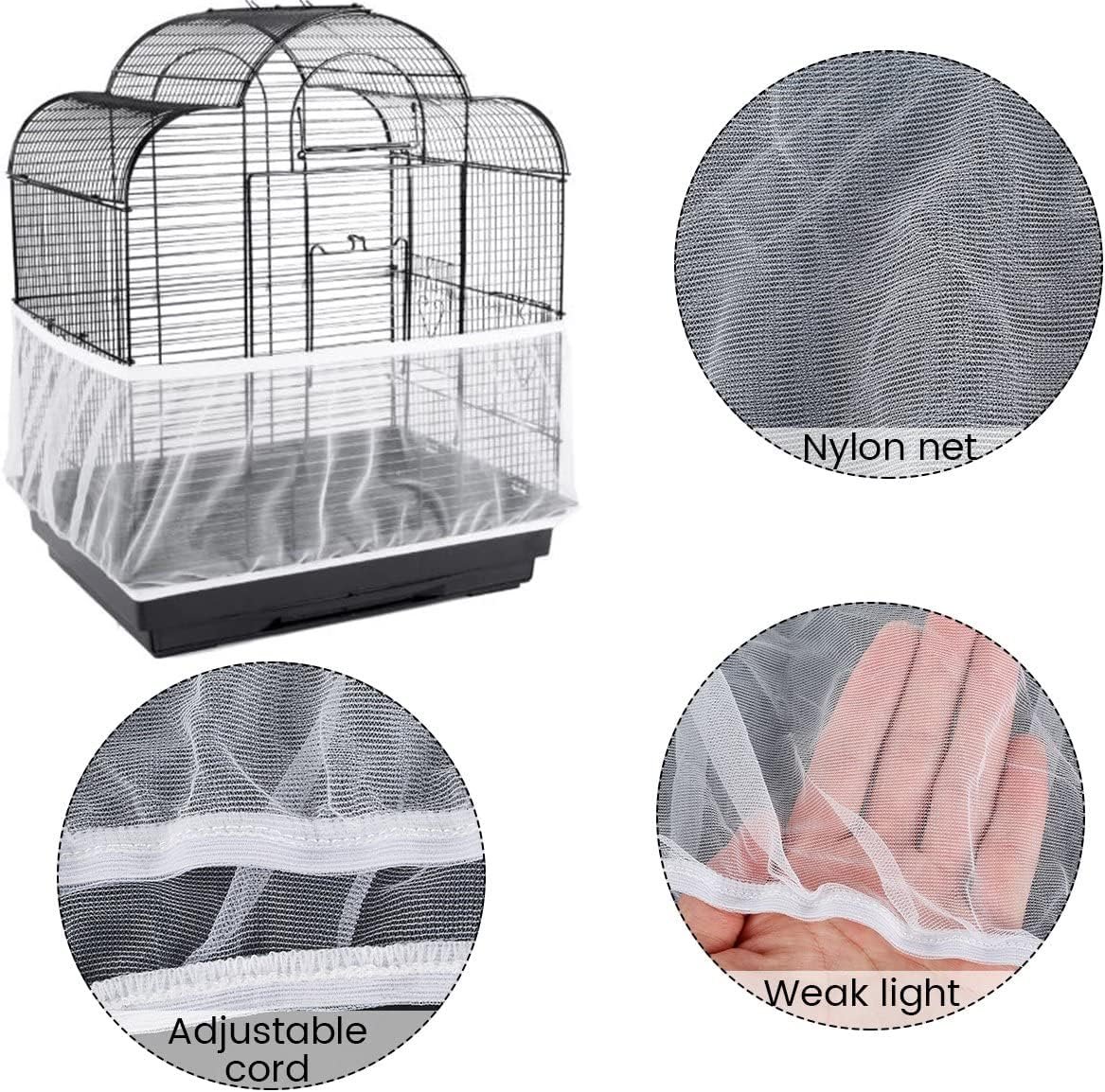 Bird Cage Seed Catcher,Seed Catcher Guard Net Cover,Parrot Nylon Mesh Net Cover,Soft Airy Cage Net Stretchy Skirt for Round Square Cages(Circumference 40 inch to 90 inch，White）