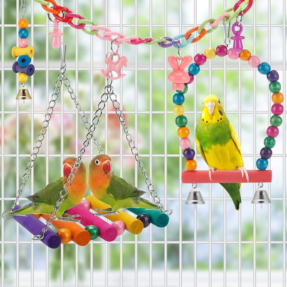 Bird Parakeet Toys,Swing Hanging Standing Chewing Toy Hammock Climbing Ladder Bird Cage Colorful Toys Suitable for Budgerigar, Parakeet, Conure, Cockatiel, Mynah, Love Birds, Finches