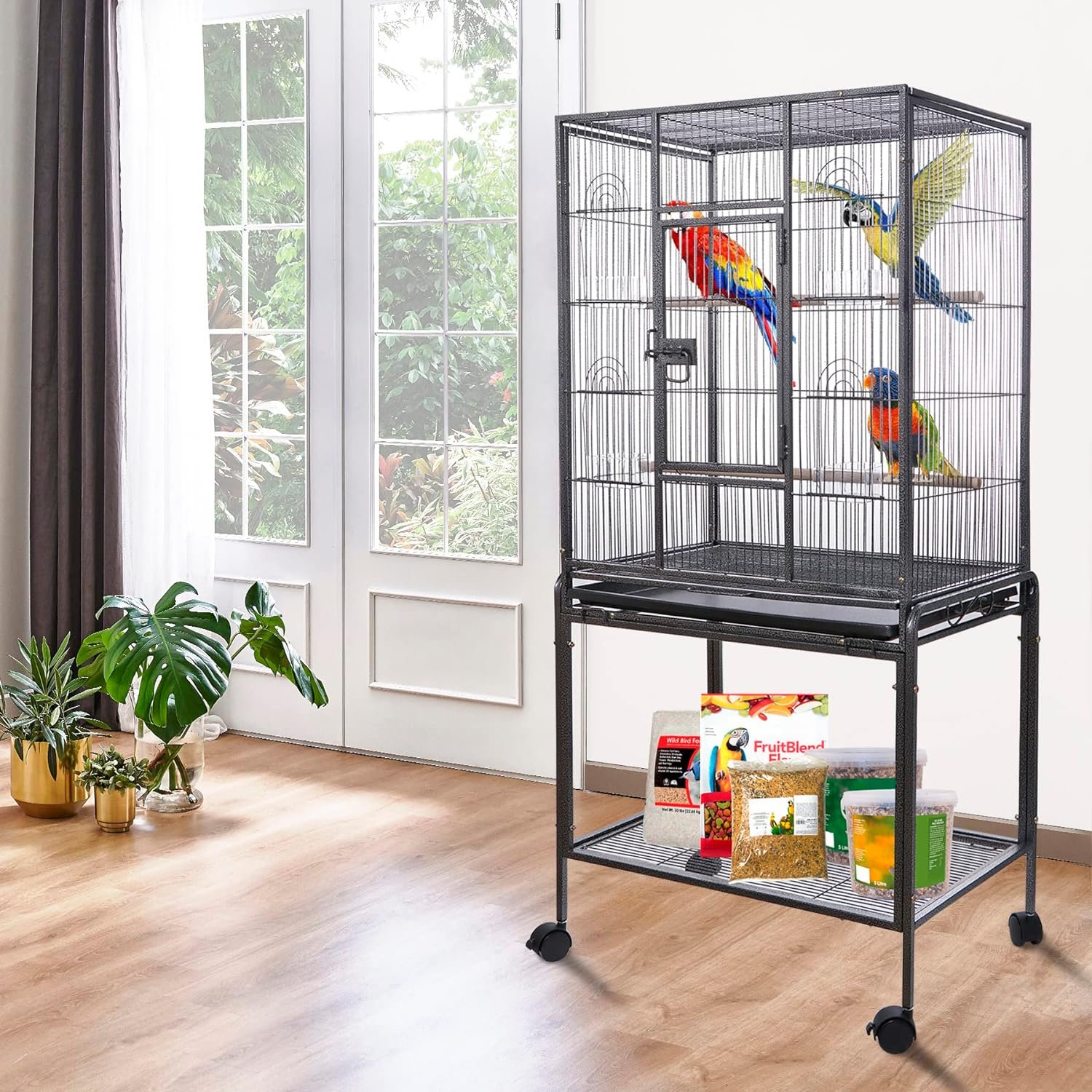 HSM 53 Inch Wrought Iron Large Bird Flight Cage with Rolling Stand for African Grey Parrot Cockatiel Sun Parakeet Conure Lovebird Canary