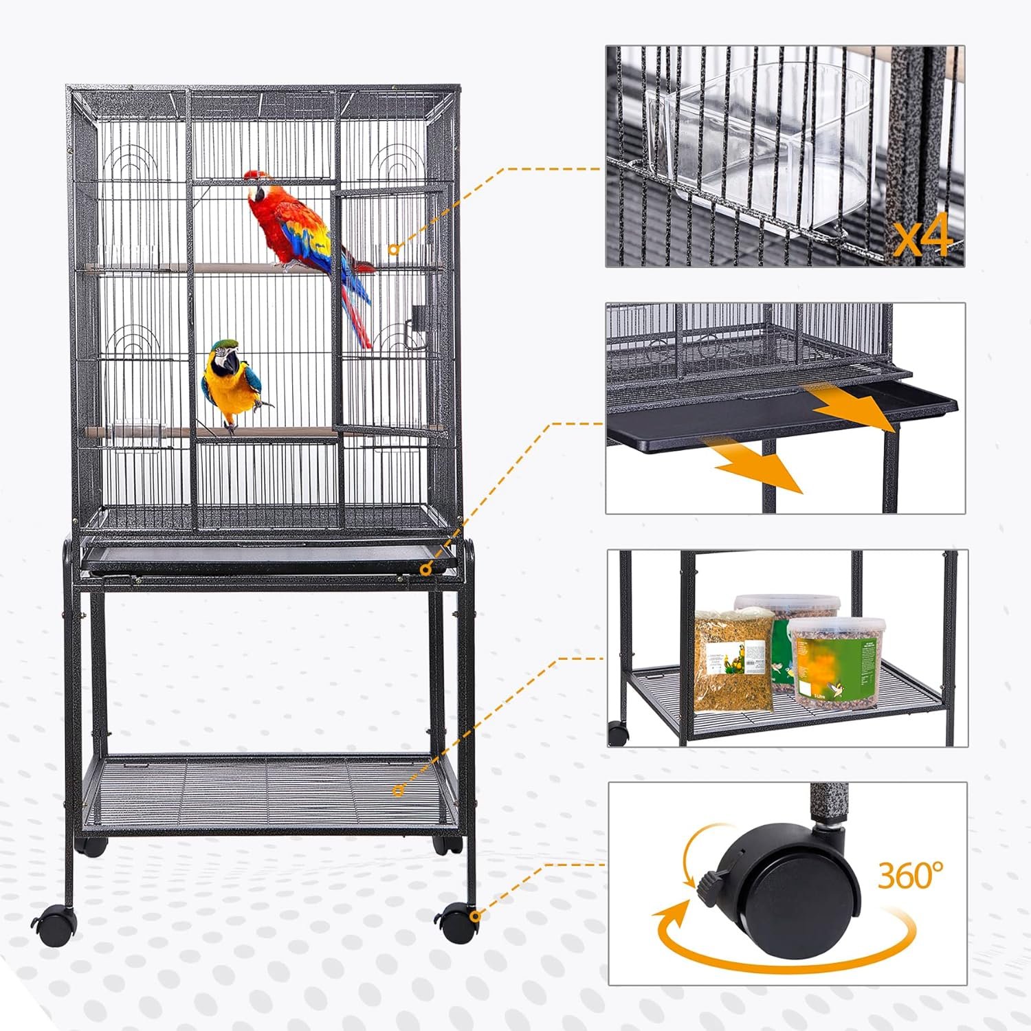 HSM 53 Inch Wrought Iron Large Bird Flight Cage with Rolling Stand for African Grey Parrot Cockatiel Sun Parakeet Conure Lovebird Canary