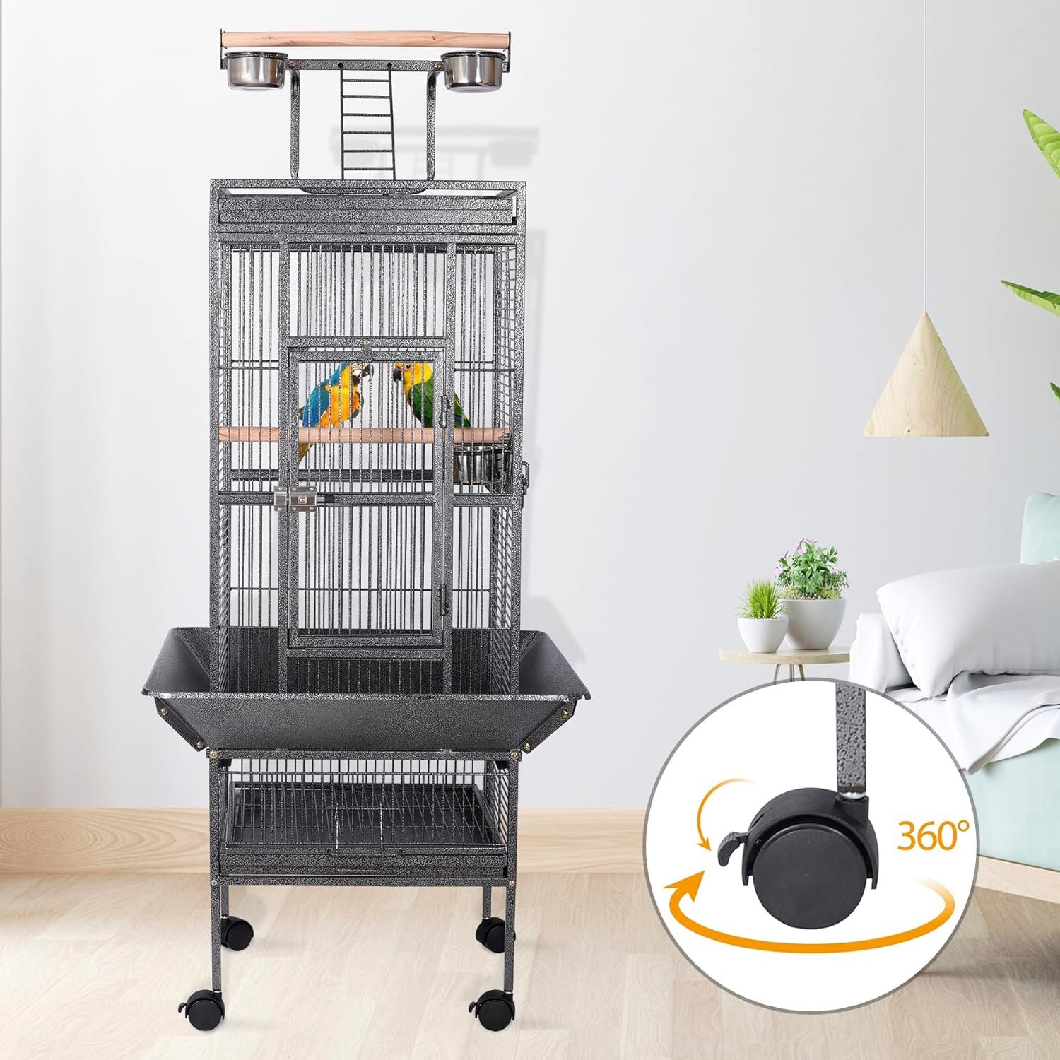 HSM 63 Inch Wrought Iron Large Bird Flight Cage with Rolling Stand for African Grey Parrot Cockatiel Sun Parakeet Conure Lovebird Canary…