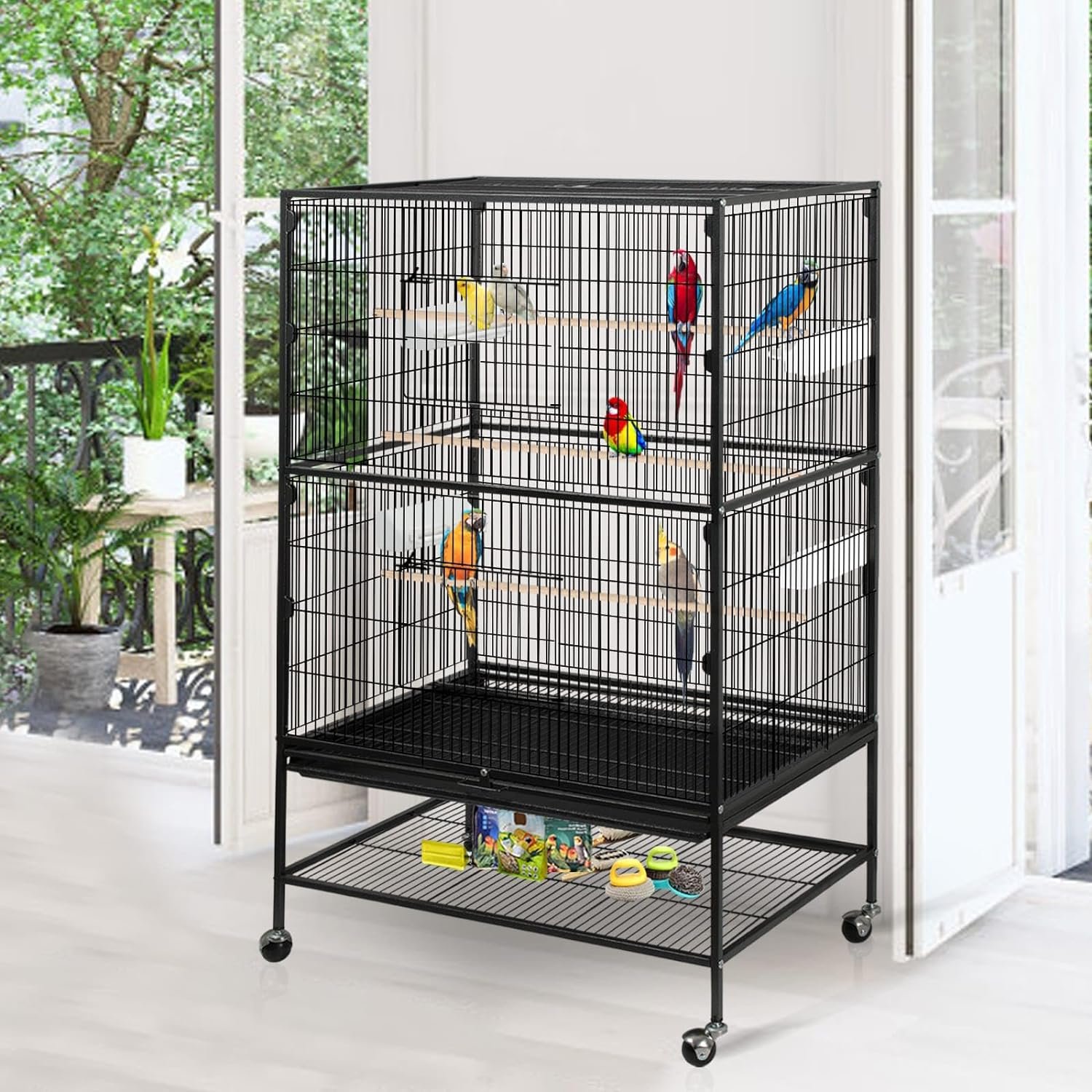 Jhsomdr Bird Cage 52 Inch Standing Wrought Iron Large Parrot Cage for Cockatiels African Grey Quaker Parrotlet Green Cheek Indian Ring Neck Pigeons Parakeets Flight Cage with Rolling Stand