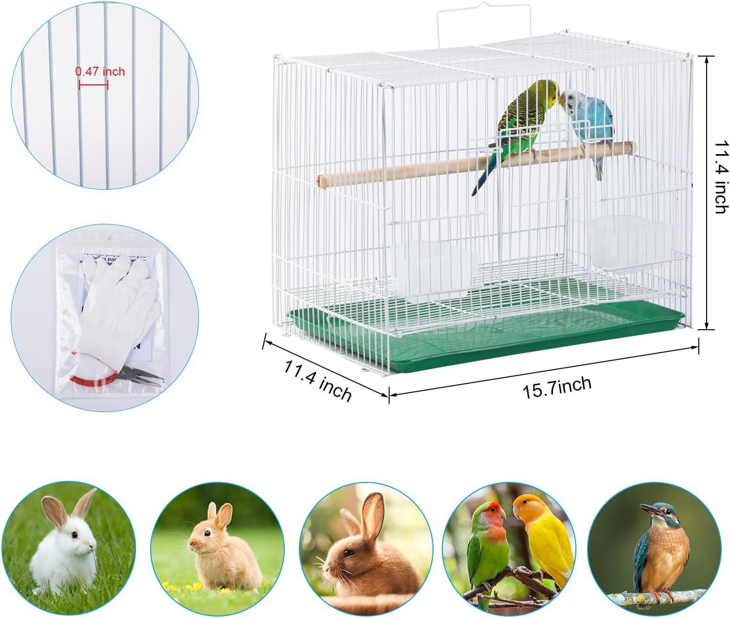 Kuzino Small Bird Travel Cage - Economy and Lightweight Small Birds Carrier Cages for Parakeets Lovebirds Parrotlets Finches Canaries with White Wire, White Plastic Base with Removable Tray