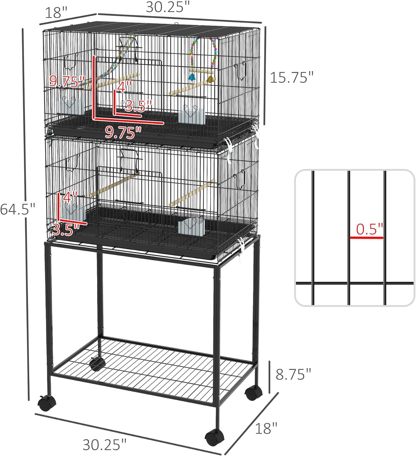 PawHut Double Stackable Bird Cage with Stand, Wooden Swing, Rope Ladder  Wheels for Canaries, Lovebirds Finches, Budgie Cage with Storage Shelf, Removable Tray, Wooden Perches  Food Containers