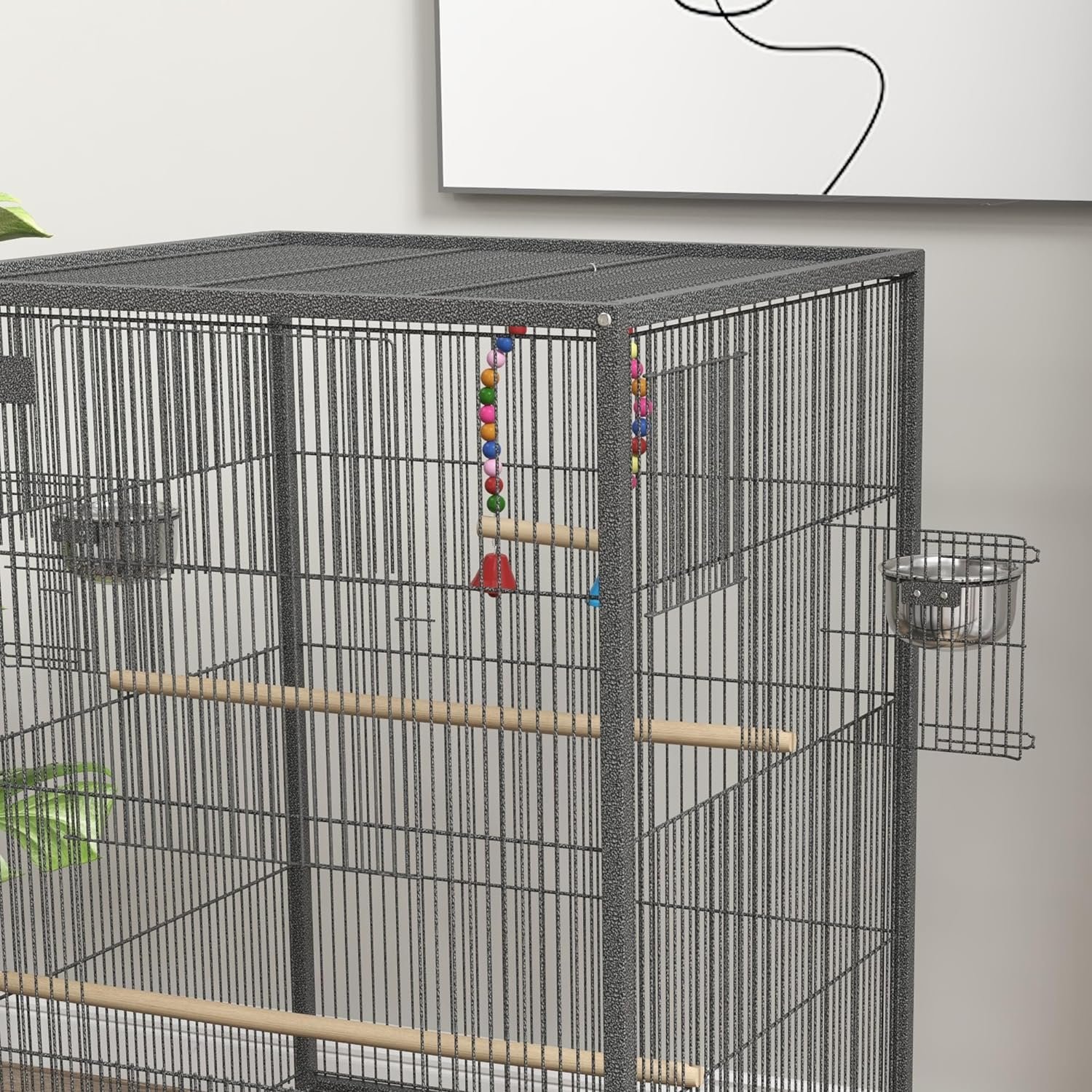 Pawhut Metal Bird Cage with Stand for Parrots, Lovebirds, Finches, Large Bird Cage with Swing, Stainless Steel Bowls, Removable Tray for Small Birds, Gray