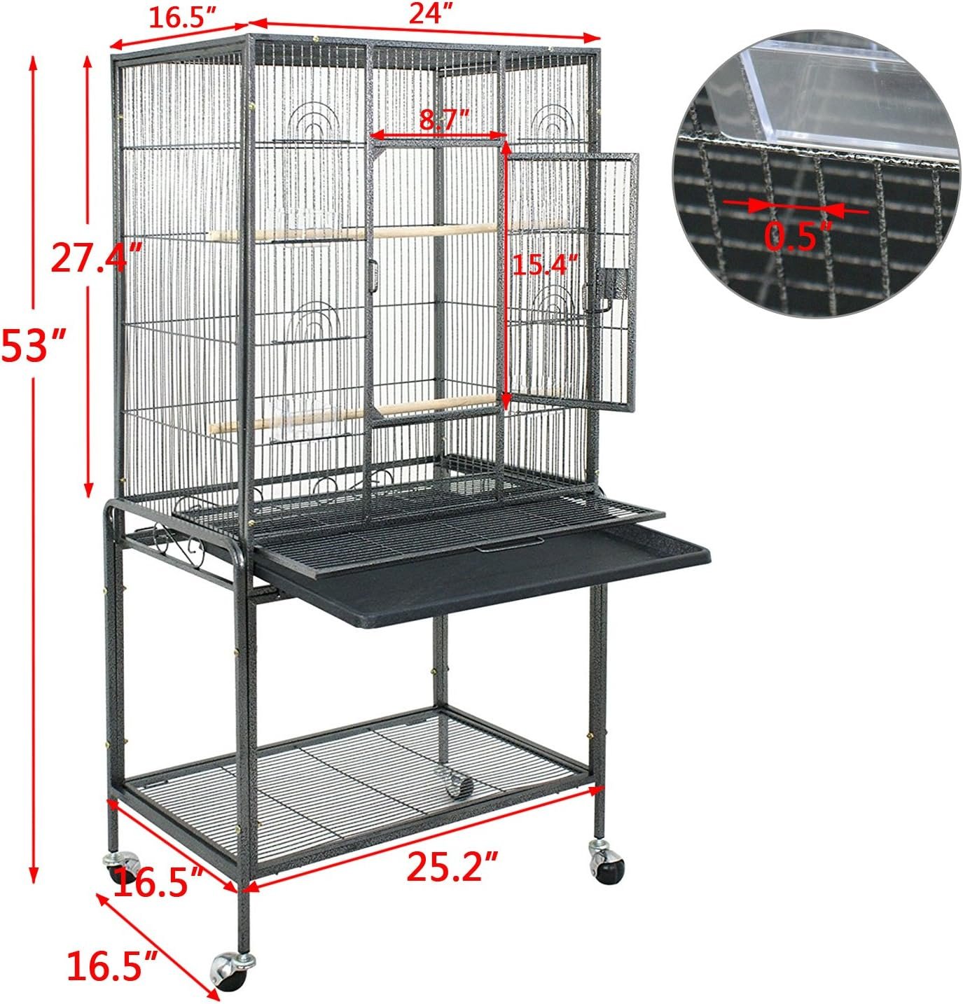 SUPER DEAL 53-Inch Rolling Bird Cage Large Wrought Iron Cage for Cockatiel Sun Conure Parakeet Finch Budgie Lovebird Canary Medium Pet House with Rolling Stand  Storage Shelf