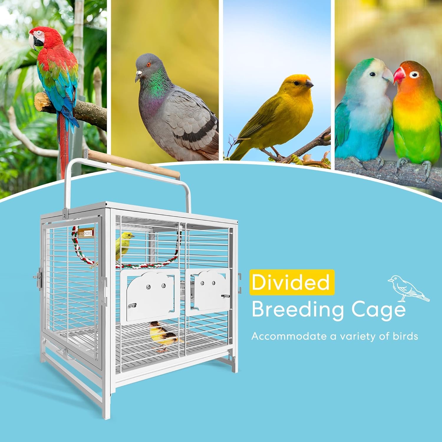VIVOHOME 19 Inch Wrought Iron Bird Travel Carrier Cage for Parrots Conures Lovebird Cockatiel Parakeets White