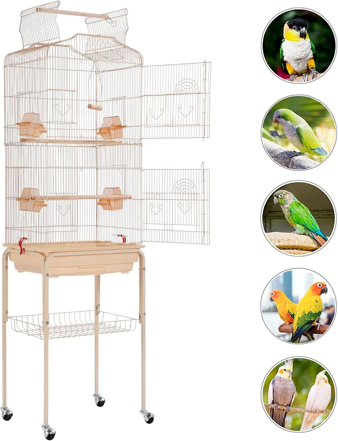 Yaheetech 64-inch Open Play Top Bird Cages for Parakeets Cockatiels Finches Lovebirds Canaries Conures Budgies Parrot Birdcage w/Detachable Rolling Stand, White