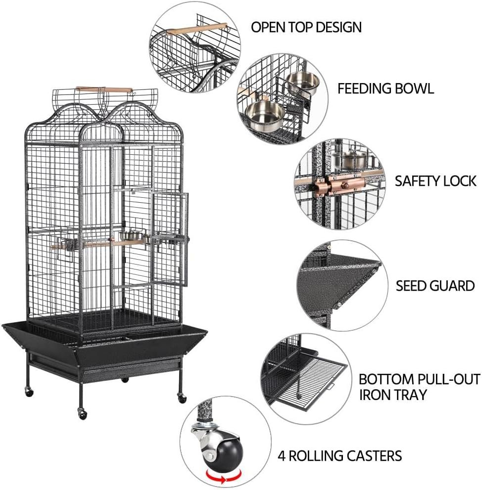 Yaheetech Extra Large Bird Cage 63 Open Play Top Bird Cage for African Grey Parrots/Amazon Parrot/Caiques/Macaw with 360° Wheels